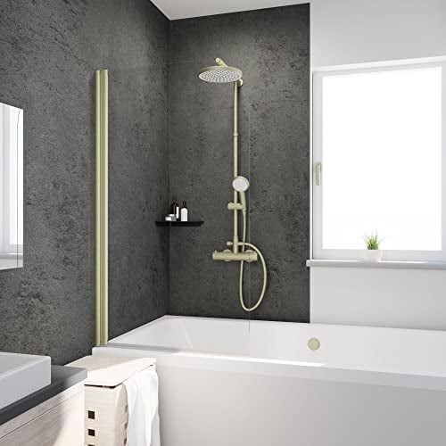 Schulte pare-baignoire 80 x 140 cm, profilé or brossé, verre de sécurité 5 mm transparent, 1 volet, écran mobile paroi de baignoire pivotant 180° contre le mur, joint d'étanchéité