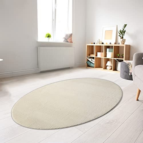 CARPETIA Teppich Shaggy Hochflorteppich waschbar rutschfest Creme Größe 140x200 cm Oval