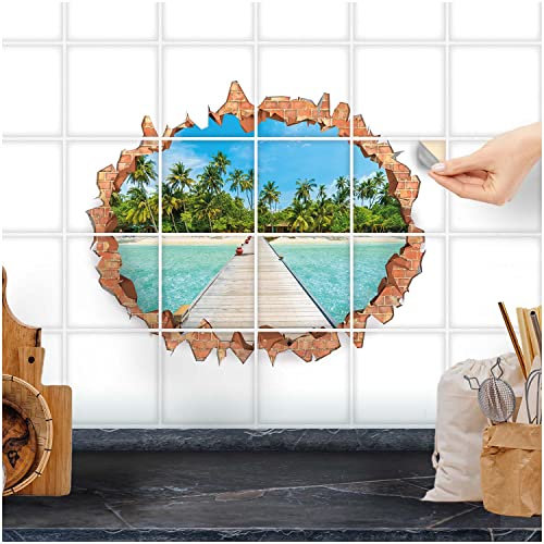 FoLIESEN Fliesenaufkleber - Deko-Bild für Bad, Küche, Badezimmer - Dekoration Fliesen-Bild selbstklebend - Wand-Durchbruch Wandloch Malediven, Fliese - Bild (BxH):15x15 cm - 45x45 cm / 9-tlg.