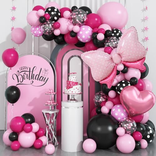 Pink Black Balloon Arch Kit, Pastel Hot Pink Black Dot Balloon Garland with Bow Heart Foil Balloons, Pink and Black Balloons for Girls Kids Birthday Baby Shower Wedding Party Decor