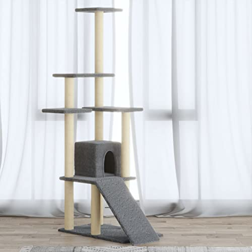 Kratzbaum mit Sisal-Kratzsäule, CIADAZ Katzenkratzbaum, Kletterwand, Kratzbäume Für Katzen, Kratzstamm, Kratzbaum Deckenspanner,n Hellgrau 155 cm - at