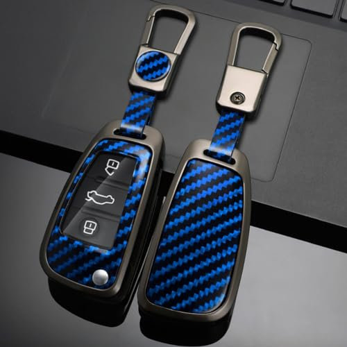 OTMIK Coque de clé de voiture en alliage de zinc et fibre de carbone pour Audi A3 A4 A5 A6 A7 Q3 Q5 S6 B6 B7 B8 C6 8P 8 V 8L TT RS Accessoires porte-clés (Bleu), 8,5 x 4,4 x 1