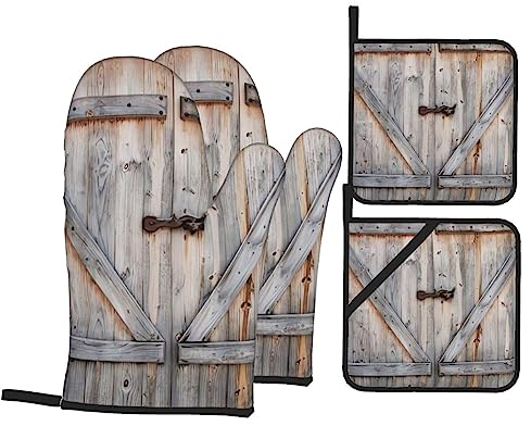 Ofenhandschuhe und Topflappen, 4er-Set, Landhausstil, hochhitzebeständig, Ofenhandschuhe und Topflappen für Küche, Kochen, Backen, Grillen