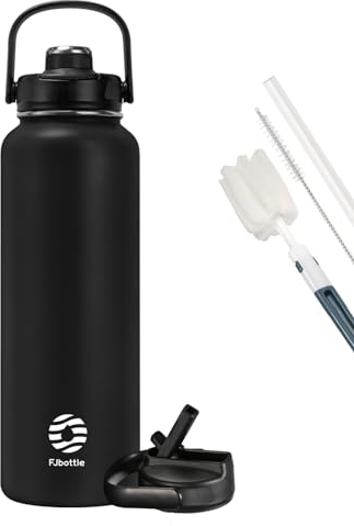 Fjbottle Trinkflasche Edelstahl mit Strohhalm 950ML/1200ML - 2xDeckeln BPA-Frei Wasserflasche Auslaufsicher- Sport Fahrrad Thermo Flasche Thermoskanne für Sprudel, Schule, Fitness