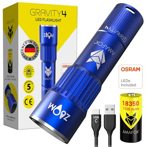 AMAFOX G4 – Robuste LED-Taschenlampe für den aktiven Mann – Royalblau – Leistungsstarke 800 Lumen, 18350 LI-Ion Akku Lange Laufzeit von 6 Stunden im LOW Mode, Schnellladung in nur 1,5 Stunden