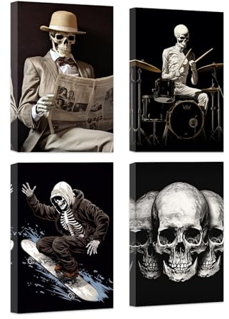 ZXHYWYM Lustige Skelett Wanddekoration 4 teiliges Totenkopf Wandbild Gothic Leinwanddrucke Schwarz Weiß Poster moderne Goth Halloween Heimraumdekoration mit Rahmen (C (20x30cmx4))