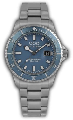 Out of Order CASA NOVA BLUE Swiss Made Quarz Stahl Blau Datum Saphir Herrenuhr, silber / schwarz, Armband