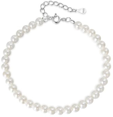 Candyfancy Perlenarmband Damen Weiße Runde Simulierte Perlen 16+3cm Verstellbare Lange Armband für Damen Frauen Geschenke, Perlen 4mm