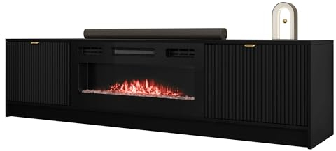 Mirjan24 TV Schrank Tireno EF mit Elektrischem Kamin mit Heizung, Realistische LED-Flamme, 2 Klappe, gefräster Front, Fernsehschrank, TV Lowboard Fernsehtisch (Schwarz Molet)