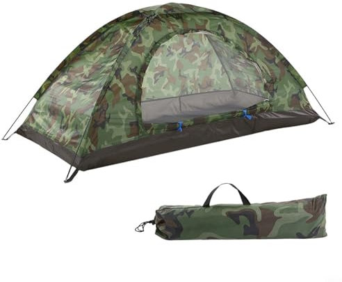 Entgoinggo Doppeltes Camouflage-Zelt, wasserdicht und atmungsaktiv, Zwei-Wege-Reißverschluss, Campingzelt mit Baldachin, Fiberglas-Stangen-Mesh-Portal für den Außenbereich (1 Person)