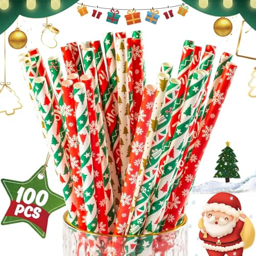 VITEVER 100 Weihnachts Papierstrohhalme, Weihnachtsbaum, Schneeflocken, gestreifte Strohhalme für Weihnachtsdekorationen und Weihnachtsgeschenke, 8 Stile