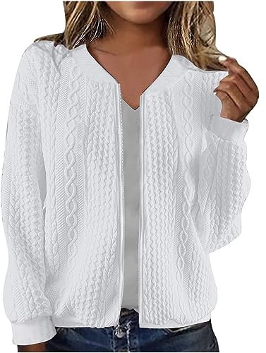 Womens Zip Up Cardigan Knitted Long Sleeve Knitwear Jackets Casual Elegant Plain V Neck Copped Cable Knit Cardigan Ladies Winter Autumn Comfy Thermal Warm Cardigans