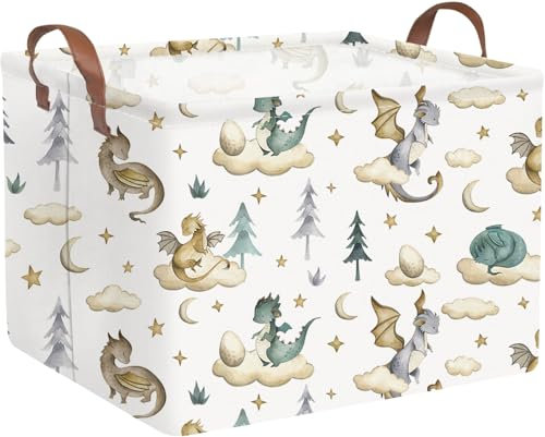 FXOCSHE Rectangular Dinosaur Baskets,Watercolor cute dragon fairy tale kids nursery basket,Cloud moon star dragon egg laundry basket for kid,Toys Box,Dinosaur Room Decor(Cute dinosaur)