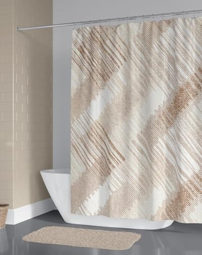 probath Rideau de douche textile peint blanc, beige marron 8 dimensions au choix avec anneaux de rideau de douche (120 x 200 cm)