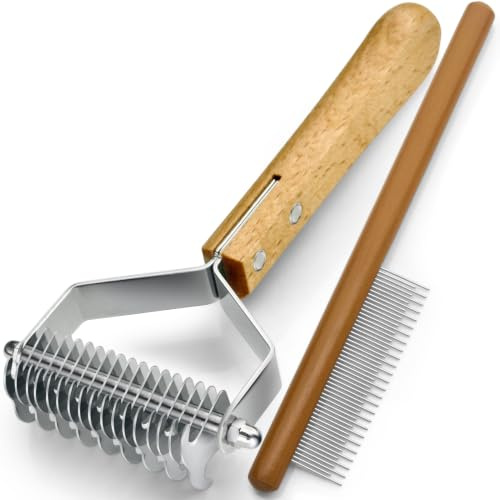Pet Grooming Combo, Undercoat Rake for Dogs & Cats with Wood Handle, Dog brush for shedding and Detangling Thinning,All Hair Type