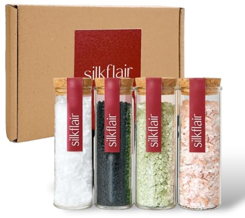 Silkflair – Set regalo di sale gourmet | 4 sali dal mondo: rosa dell’Himalaya, nero e verde delle Hawaii, fiocchi di sale piramidale | Box salgemma naturale – idea regalo cucina
