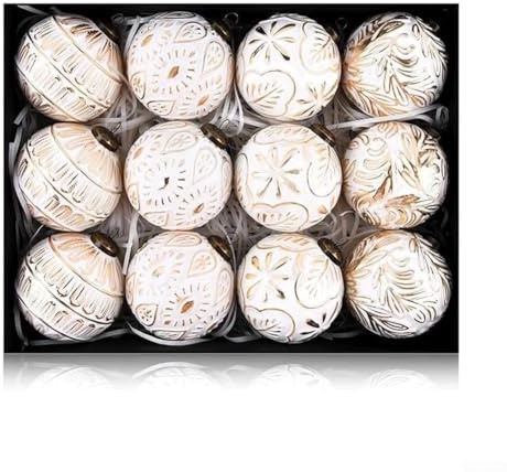 MeevrgR 12 Stück Vintage Weihnachtsschmuck - 80 mm Gold & Weiß Kunststoff Kugeln für Baum, Kränze & Girlande Rustikale Urlaubsdekoration (weiß)