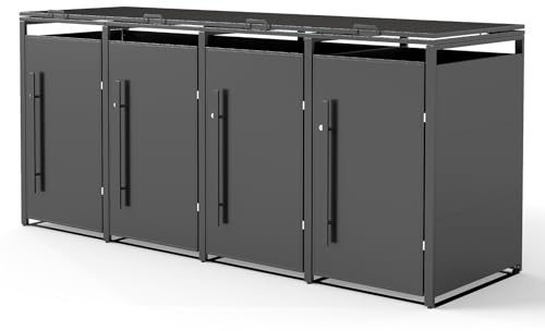 Youyijia Metallische Mülltonnenbox für 120-240 Liter, 264 x 80 x 116 cm, Mülltonnenlagerung für 4 Tonnen, Verzinktes Stahl-Müllschuppen, Außendeckel mit abschließbarer Tür für Garten und Hinterhof