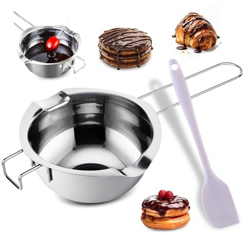 HMCEY Creuset pour Bain-Marie 400 ML,Bol Bain Marie INOX de Fusion,Casserole pour Cire Bougie avec Spatule en Silicone,Pot Chocolat a Fondre Réutilisable,Recipient Fondre Cire pour Sucre, Beurre