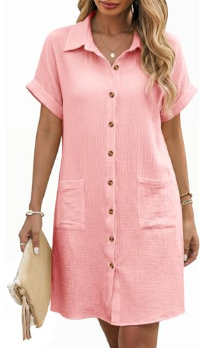 PASUDA Robe Eté Femme Chic et Elegant Coton Robes Chemise Longueur Genou Tunique à Manches Courtes Col V Robe de Plage Décontractée Ample avec Bouton Poches(Rose,L)