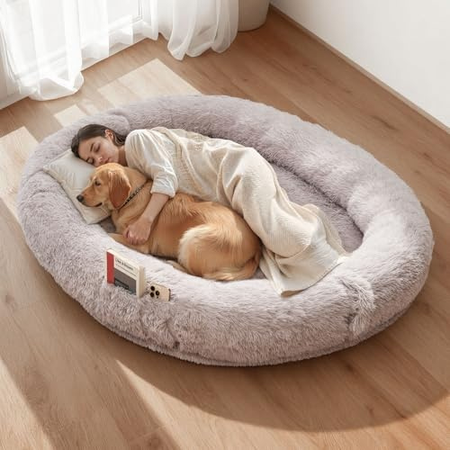 VEVOR Cuccia per Cani Animali Domestici da 1760 mm x 1220 mm x 240 mm, Peluche Lungo per Cani di Taglia Umana, con Tasca Laterale, Maniglia e Cerniera, Rimovibile, Lavabile in Lavatrice, Grigio