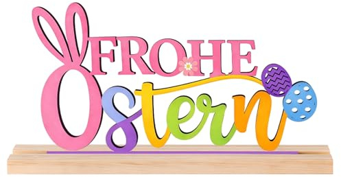 PIujsym Osterdeko Holz Aufsteller - Bunter Frohe Ostern Schriftzug für stimmungsvolle Ostern Deko Zuhause - Moderne Oster Deko Tischaufsteller & ideale Ostergeschenke für Frauen & Familie