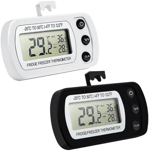 Confezione da 2 termometri digitali per frigorifero e congelatore, con registrazione massima e minima, impermeabile, display LCD, con retro magnetico e gancio per appenderlo, confezione da 2
