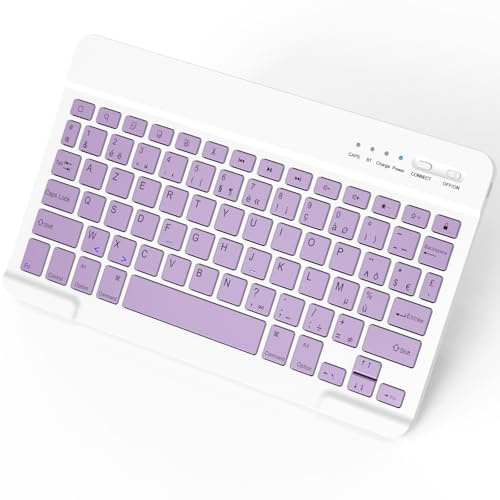 NEWCOO Clavier Bluetooth, AZERTY Français Clavier sans Fil Rechargeable, Ultra Mince Léger Silencieux, Clavier pour iOS, Compatible avec iPad/iPad Mini/Air/Pro avec Raccourcis Multimédias,Violet Clair