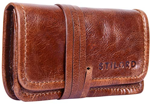 STILORD 'Flavio' Leder Tabakbeutel Tabaktasche Drehertasche Lederaccessoire Kopfhörertasche Unisex Vintage Leder, Farbe:Cognac - glänzend