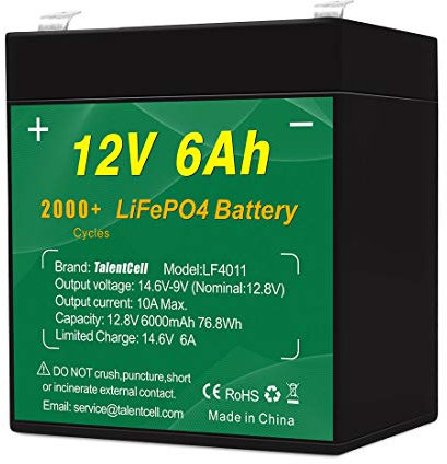 TalentCell 12V 6Ah LiFePO4 Battery Pack LF4011, 2000 Cycles Rechargeable 12.8V 76.8Wh Lithium Iron Phosphate Battery