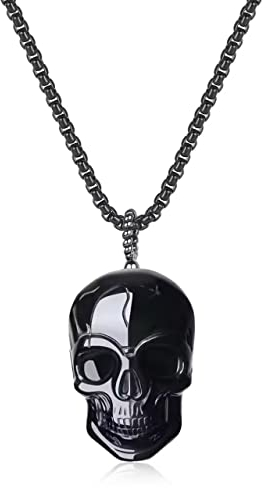 COAI Collana da Uomo in Acciaio Inox Nero con Pendente Teschio in Ossidiana Nera, Collana Gotica da Uomo con Ciondolo Teschio