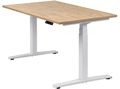 boho office® Höhenverstellbarer Schreibtisch 140 x 80 cm - Elektrisch stufenlos, inkl. Wireless Charger, Memoryfunktion, Kollisionsschutz - Basic Line Weiß inkl. Tischplatte in Wildeiche