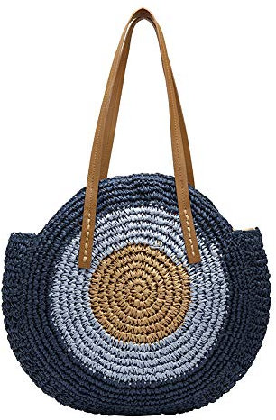 DKIIL NOIYB Bolsos de paja para mujer, bolsa de paja de playa de verano de gran capacidad tejida a mano con interior y bolsillo redondo tejido, 02-azul, 43 EU