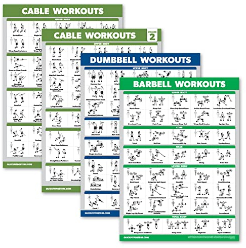 Palace Learning Kabelmaschinen-Workout-Poster, Band 1 & 2 + Hantelübungen + Langhantelübungen (laminiert, 45,7 x 61 cm), 4 Stück