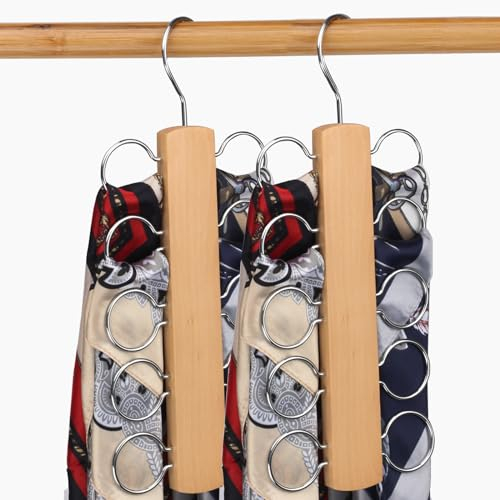 LMSAWK Schalhalter Aufhänger krawattenhalter Schalbügel Holz Krawattenbügel Gürtelhalter mit 10 Löchern, krawattenhalter für kleiderschrank, Krawatten, Gürtel, Schals, Accessoires (Holzfarbe, 2)