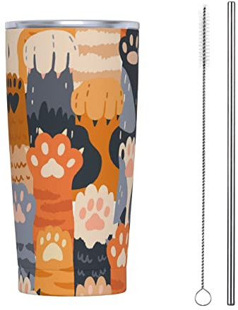 RFSHOP Taza de café de viaje con diseño de patas de gato, vaso de 590 ml con tapa y pajilla, taza térmica de acero inoxidable a prueba de fugas para bebidas frías y calientes