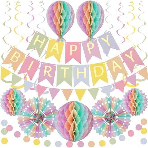 Premium Wiederverwendbare Geburtstagsdeko - Pastell Party Deko, Kindergeburtstag Deko, Geburtstag & Party Zubehör - Happy Birthday Girlande, Wimpelkette Geburtstag, Pompons Deko - Pastell Deko