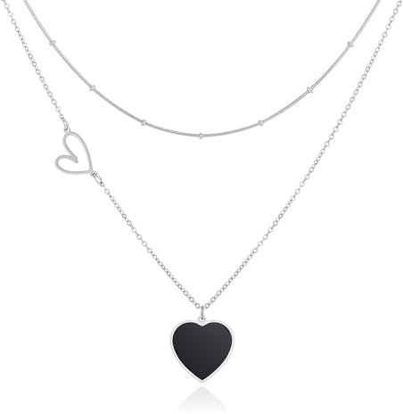 Linawe Silver Layered Necklaces for Women Trendy, Black Heart Choker Pendant Necklace, Stainless Steel Stacked Necklaces, Y2K Preppy Chunky Heart Necklace Lover Jewellery