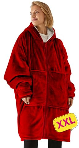 Coperta con cappuccio XXL - Plaid con maniche, Coperta indossabile in pile, Felpa oversize donna, Blanket hoodie - Confortevole e morbido - Perfetto per le notti invernali sul divano (Red zipper XXL)