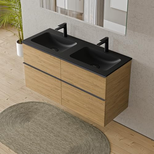 Bernstein Badmöbel-Set Lavoa, Waschtisch-Unterschrank mit Waschbecken 120cm in Eiche - Cream - Schwarz matt mit Hahnloch - 2 Schubladen, Griffe in Anthrazit, vormontiert, 5 Jahre Garantie