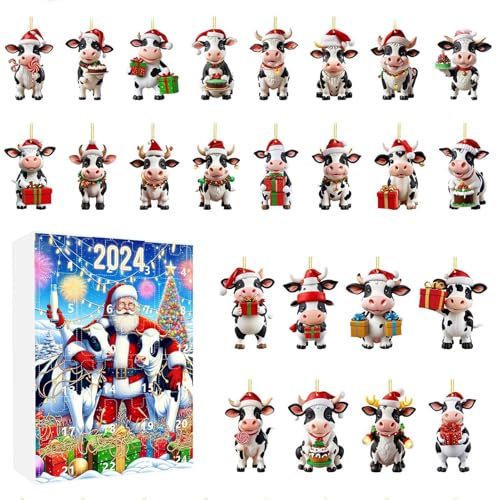 Weidekühe Adventskalender 2024, Weihnachts Adventskalender mit 24 Acryl Kuh Anhängern, 24 Tage Sammleredition, Lustiges Kuh Set, Weihnachts Countdown Kalender für Kuhliebhaber, Taschenanhänger Charm