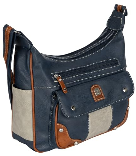 EAAKIE Damen Tasche, Schultertasche, Handtasche, Umhängetasche mit Leder Optik und vielen Fächern (BLAU-GRAU)