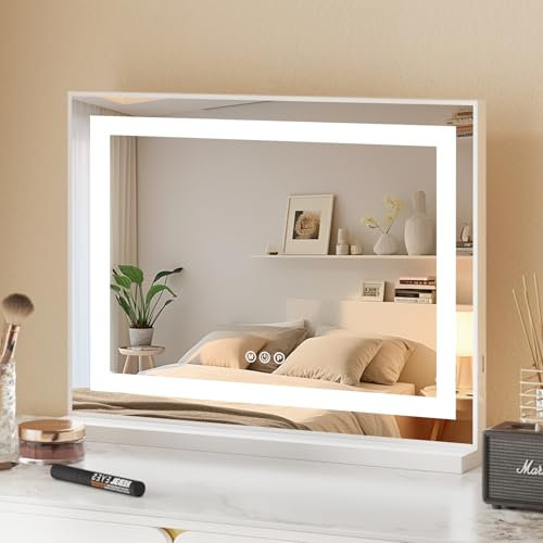 JXMILO Hollywood Schminkspiegel mit Beleuchtung, Dimmbare Groß LED Licht 3 Farbtemperatur Licht, Spiegel mit Beleuchtung mit 10X Vergrößerung Touch Control Tischplatte oder Wandhalterung 58x45cm