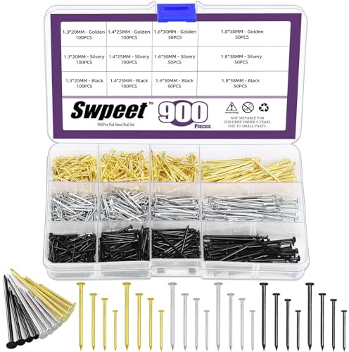 Swpeet 900Pcs 4 Sizes Hardware Nails Assortment Kit, Silver Black Gold Galvanized Nails, Small Nails, Pin Nails, Finishing Nails, Nails for Hanging, Wall Nails for Hanging Pictures