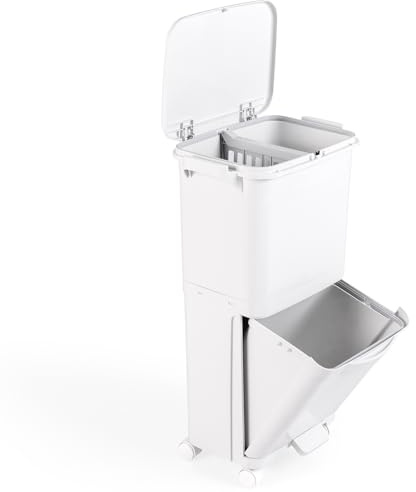 GOPLUS 40 L Poubelle de Tri Sélectif à 2 Niveaux, Poubelle avec Bac à Ordures Inférieur Inclinable, Roulettes Verrouillables en Plastique pour Cuisine, Salle à Manger, Salon, 42 x 28 x 74 cm