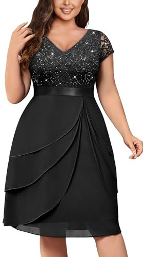 MISSMAY Women's Plus Size Elegant Sequin Lace V Neck Ruffle Trim Chiffon Hem Cocktail Party Swing Dress (2XL, Black)