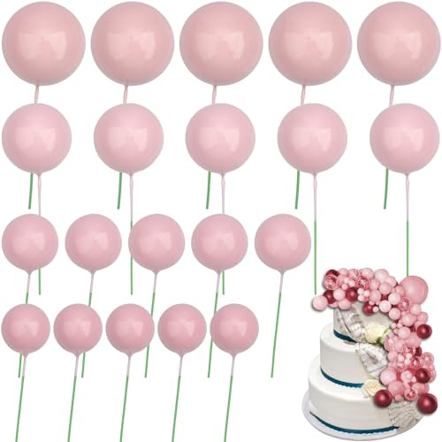 Roellgs 20 Pcs Gold Ball Cake Topper, Round Ball Cake Toppers, Craft DIY Bakeware Decorating Tools for Wedding Graduation Birthday Party (Pink)