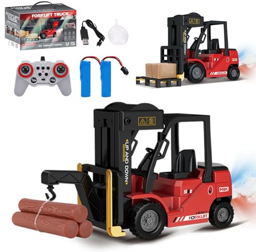 Authticar Carrello elevatore RC, scala 1:24, 2 in 1, trasforma forcella e gancio, giocattolo per adolescenti, carrello elevatore a 11 canali con telecomando per adulti con luce spray giocattolo per
