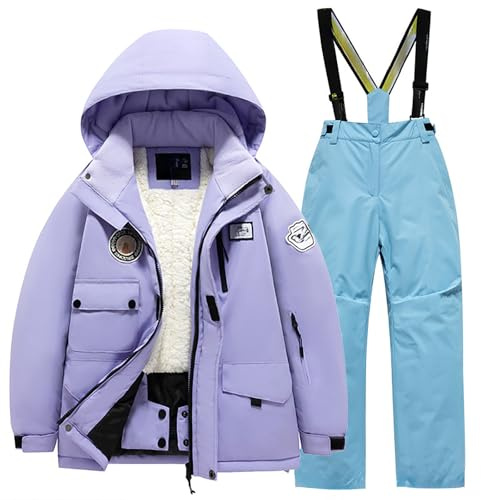 Generisch Combinaison de ski pour enfant - Avec poche polaire - Veste et pantalon d'hiver coupe-vent - Snowboard - Unisexe - Pour l'hiver, bleu clair, 12-14 ans