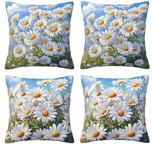 Kissenbezug 80x80 cm 4er Set Samt Sofakissen Blauer Himmel Kissenbezüge Deko Kissen Weißes Gänseblümchen Couchkissen Weiche Dekokissen Kissenhülle für Schlafzimmer, Sofa, Bett Pillow Case -LI687